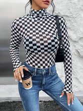 Women's Checkered Printed Long Sleeve High Neck Bodysuit